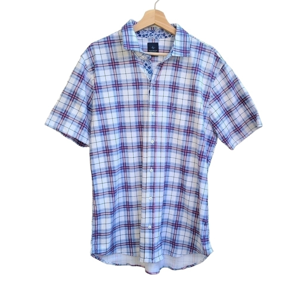 NWT Tailorbyrd 100% Cotton Getaway Shirt, White Blue and Pink Plaid, Size Large